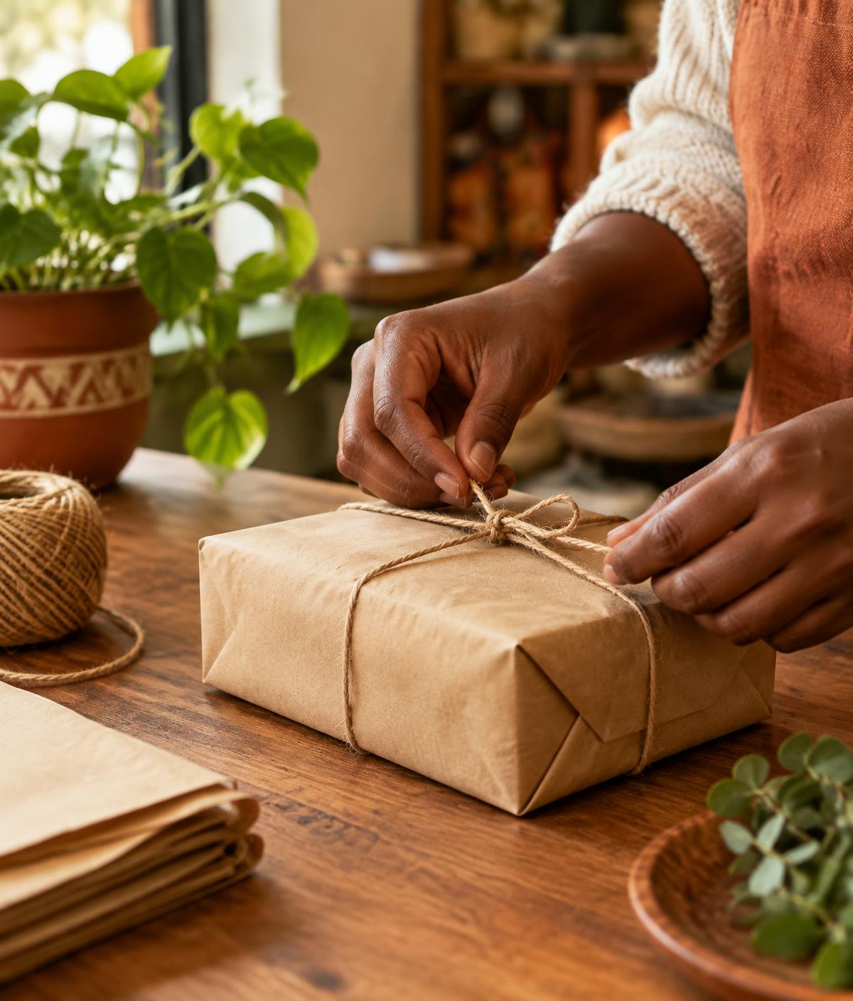A parcel being wrapped in kraft paper and twine